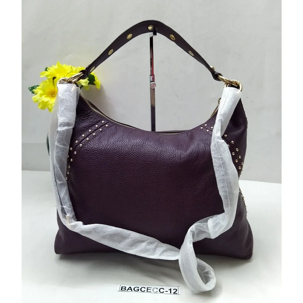 Michael Kors Aria Purple Pebbled Leather Studded Zipper Closure Shoulder Bag